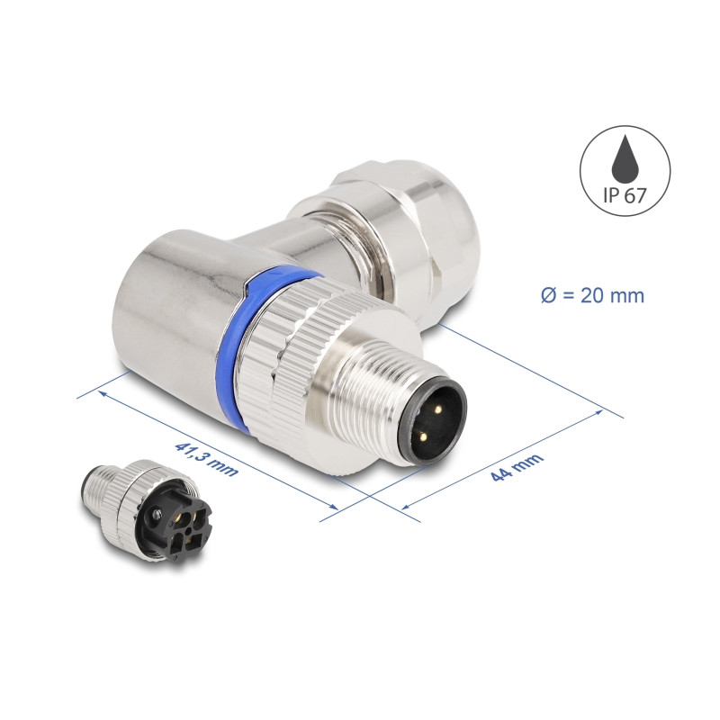 Delock M12 Steckverbinder A-kodiert 4 Pin Stecker zur Montage mit Schraubanschluss 90° gewinkelt Metall