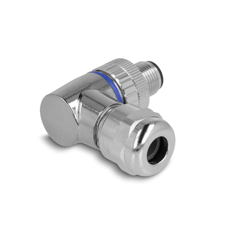 Delock M12 Steckverbinder A-kodiert 4 Pin Stecker zur Montage mit Schraubanschluss 90° gewinkelt Metall