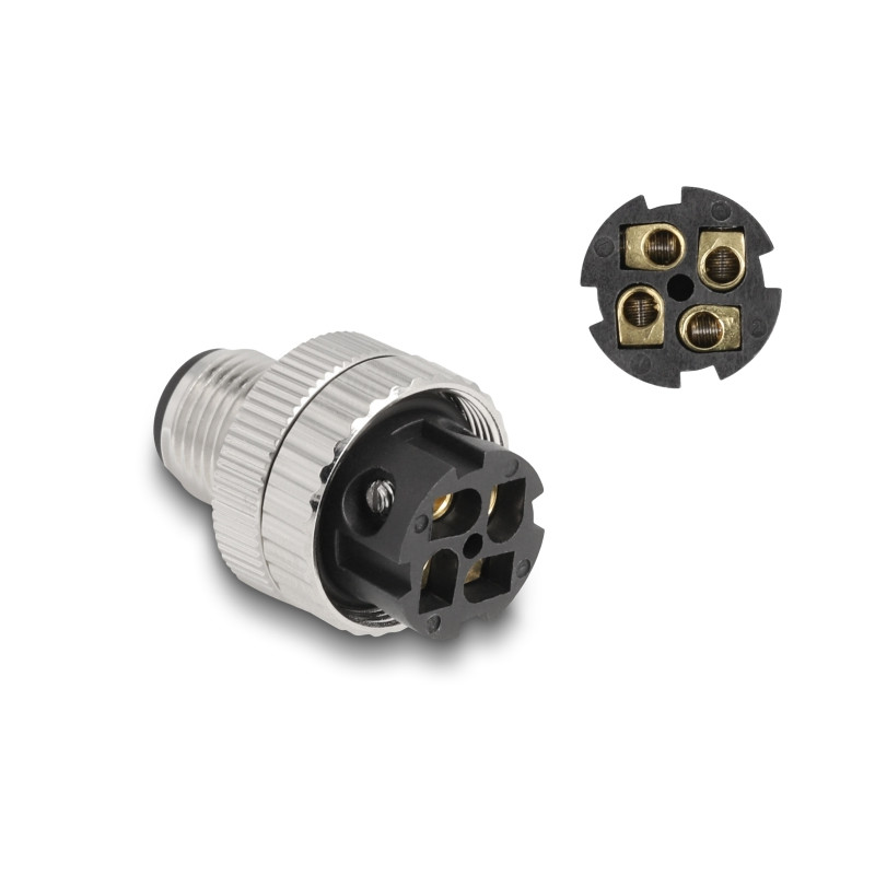 Delock M12 Steckverbinder A-kodiert 4 Pin Stecker zur Montage mit Schraubanschluss 90° gewinkelt Metall
