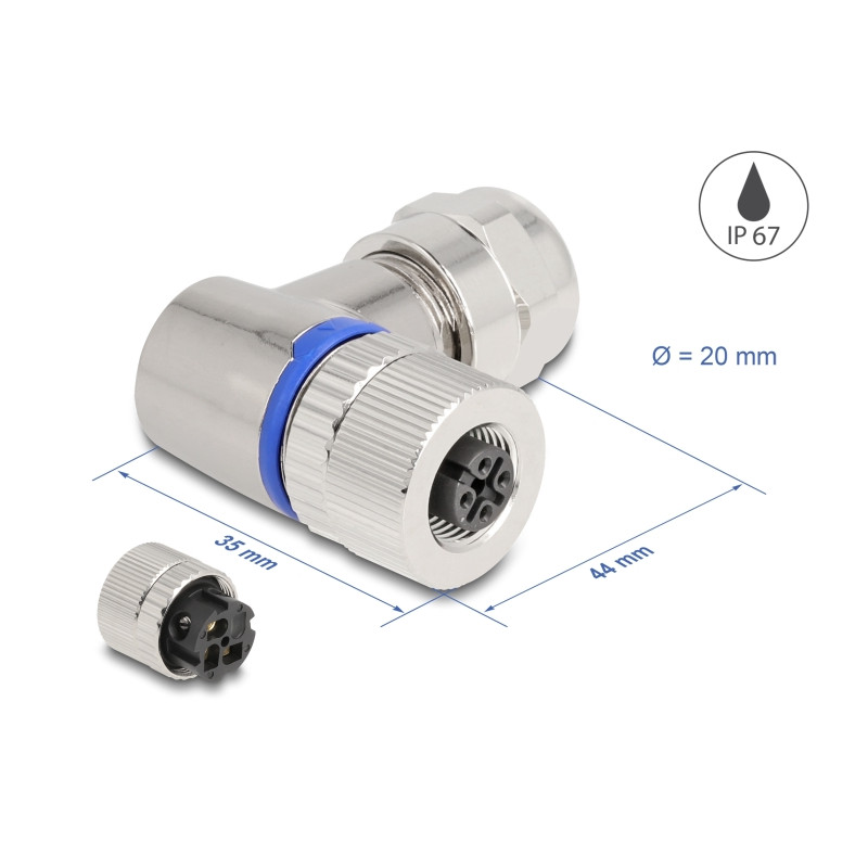 Delock M12 Steckverbinder A-kodiert 3 Pin Buchse zur Montage mit Schraubanschluss 90° gewinkelt Metall