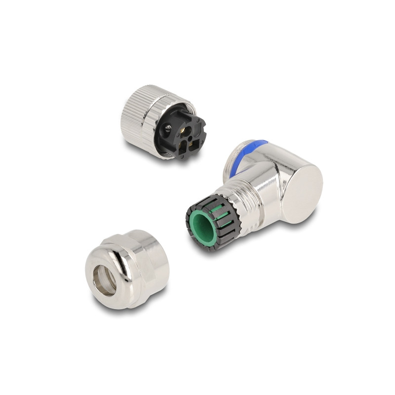 Delock M12 Steckverbinder A-kodiert 3 Pin Buchse zur Montage mit Schraubanschluss 90° gewinkelt Metall