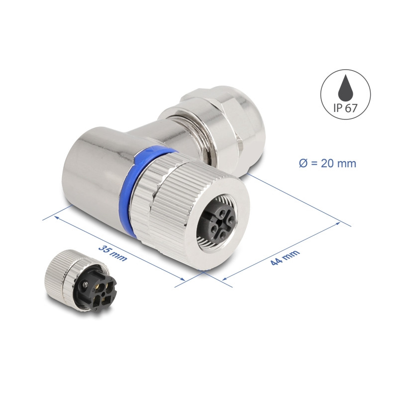 Delock M12 Steckverbinder A-kodiert 4 Pin Buchse zur Montage mit Schraubanschluss 90° gewinkelt Metall