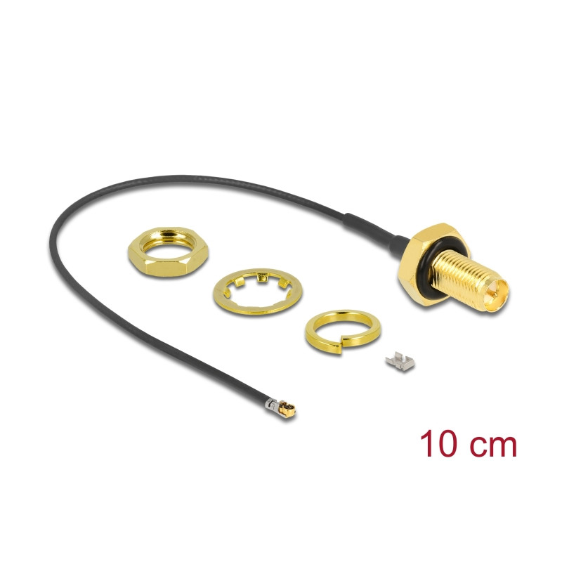 Delock Antennenkabel RP-SMA Buchse zum Einbau zu I-PEX Inc., MHF® 4L LK Stecker 1.37 10 cm Gewindelänge 10 mm spritzwassergeschü