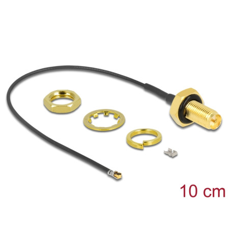 Delock Antennenkabel RP-SMA Buchse zum Einbau zu I-PEX Inc., MHF® 4L LK Stecker 1.37 10 cm Gewindelänge 10 mm spritzwassergeschü