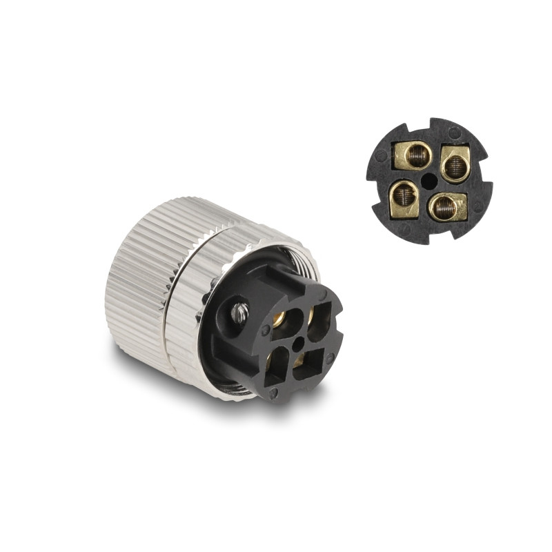 Delock M12 Steckverbinder A-kodiert 4 Pin Buchse zur Montage mit Schraubanschluss 90° gewinkelt Metall
