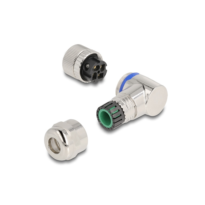 Delock M12 Steckverbinder A-kodiert 4 Pin Buchse zur Montage mit Schraubanschluss 90° gewinkelt Metall