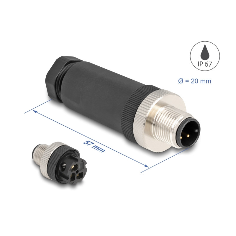 Delock M12 Steckverbinder A-kodiert 3 Pin Stecker zur Montage mit Schraubanschluss
