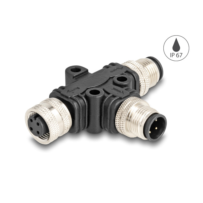 Delock M12 T-Splitter A-kodiert 4 Pin 1 x Stecker zu 1 x Stecker und 1 x Buchse Parallelschaltung