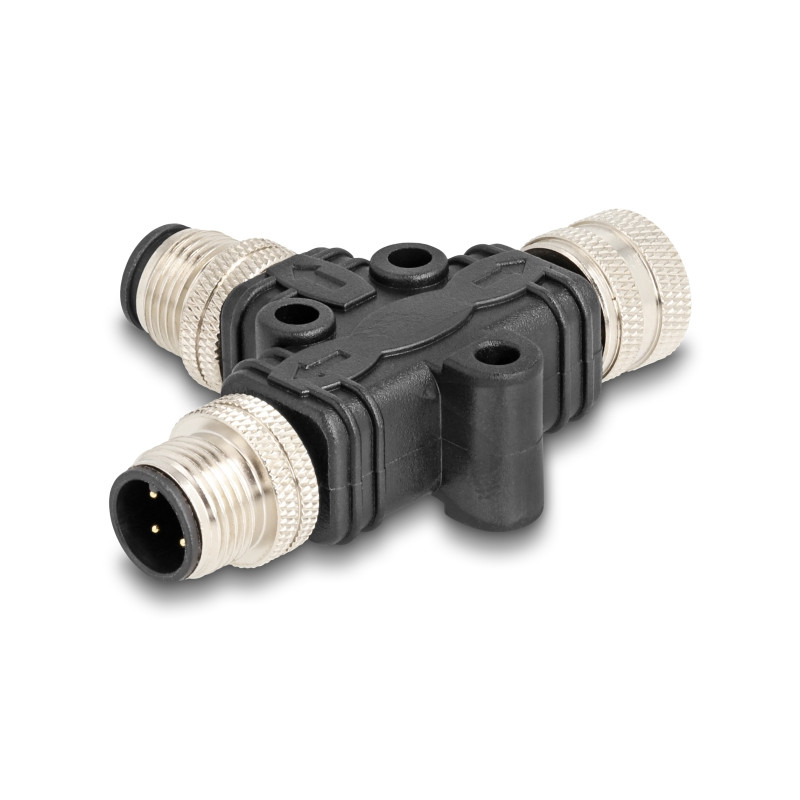 Delock M12 T-Splitter A-kodiert 4 Pin 1 x Stecker zu 1 x Stecker und 1 x Buchse Parallelschaltung