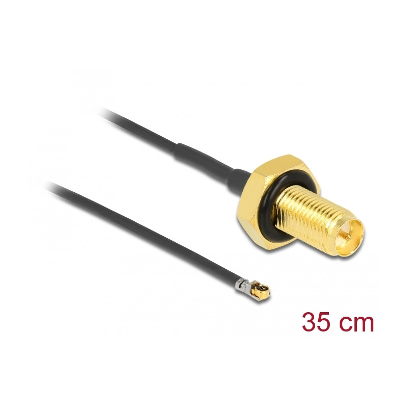 Delock Antennenkabel RP-SMA Buchse zum Einbau zu I-PEX Inc., MHF® 4L LK Stecker 1.37 35 cm Gewindelänge 10 mm spritzwassergeschü