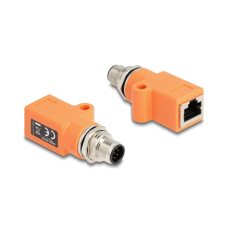 Delock M12 Adapter A-kodiert 8 Pin Stecker zu RJ45 Buchse Cat.5e mit Befestigungsloch gerade orange