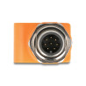 Delock M12 Adapter A-kodiert 8 Pin Stecker zu RJ45 Buchse Cat.5e mit Befestigungsloch gerade orange