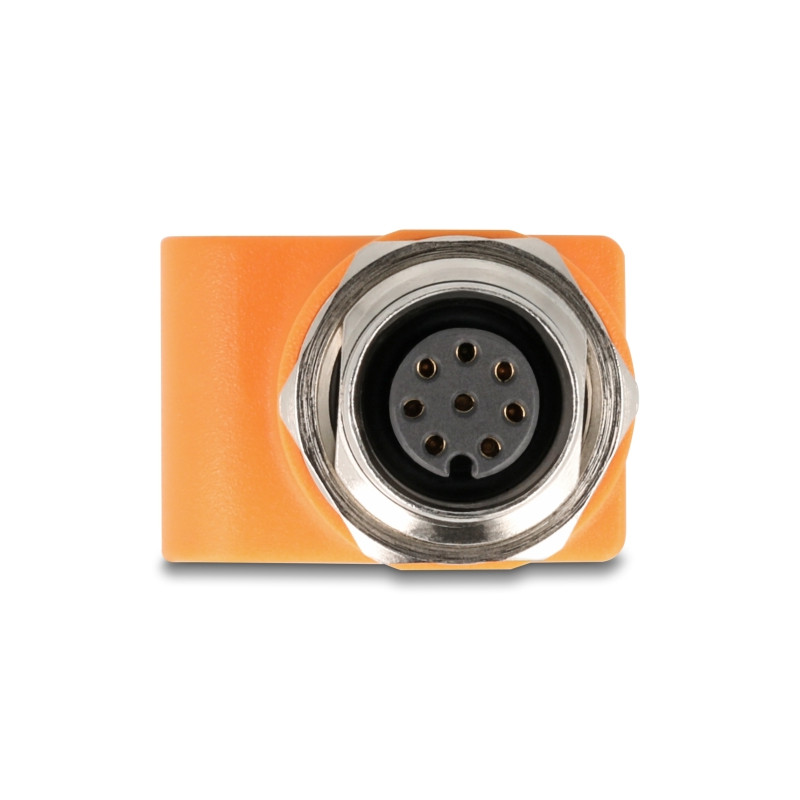 Delock M12 Adapter A-kodiert 8 Pin Buchse zu RJ45 Buchse Cat.5e mit Befestigungsloch gerade orange