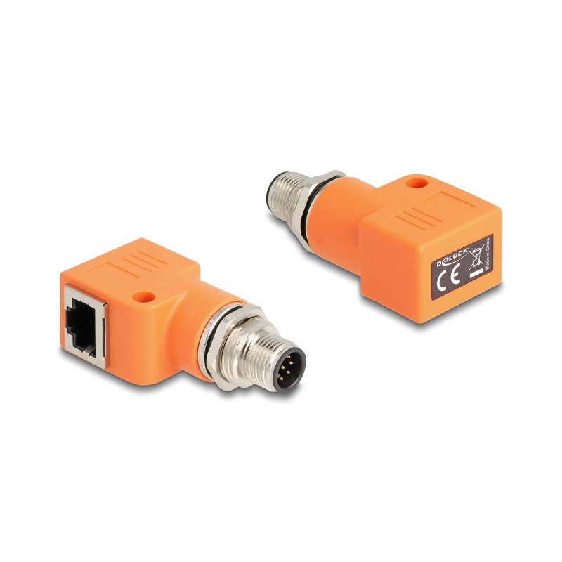 Delock M12 Adapter A-kodiert 8 Pin Stecker zu RJ45 Buchse Cat.5e mit Befestigungsloch 90° gewinkelt orange