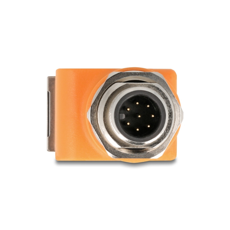 Delock M12 Adapter A-kodiert 8 Pin Stecker zu RJ45 Buchse Cat.5e mit Befestigungsloch 90° gewinkelt orange