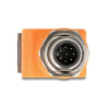 Delock M12 Adapter A-kodiert 8 Pin Stecker zu RJ45 Buchse Cat.5e mit Befestigungsloch 90° gewinkelt orange
