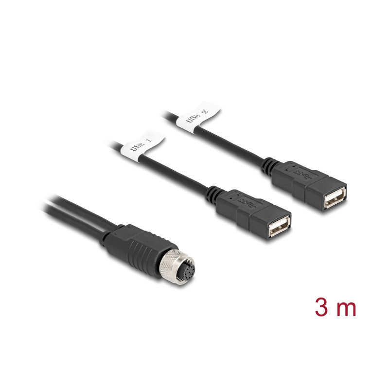 Delock M12 Kabel A-kodiert 8 Pin Buchse zu 2 x USB 2.0 Typ-A Buchse 3 m schwarz