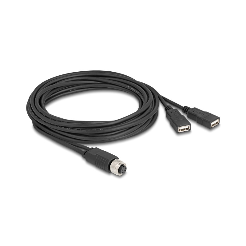 Delock M12 Kabel A-kodiert 8 Pin Buchse zu 2 x USB 2.0 Typ-A Buchse 3 m schwarz