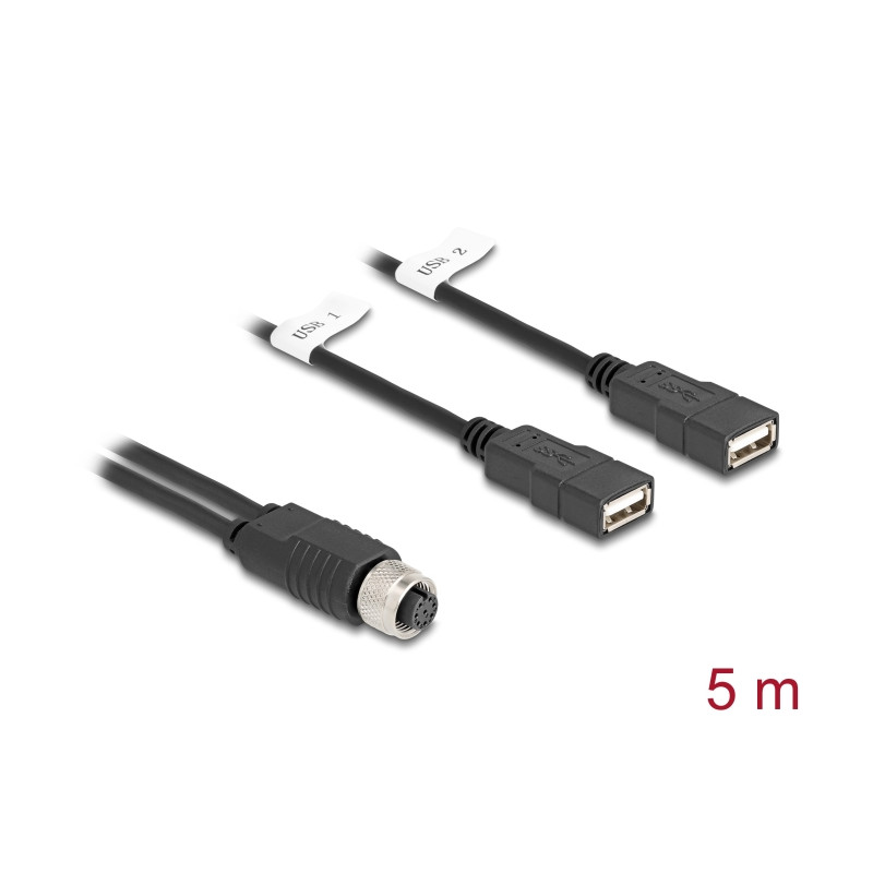 Delock M12 Kabel A-kodiert 8 Pin Buchse zu 2 x USB 2.0 Typ-A Buchse 5 m schwarz