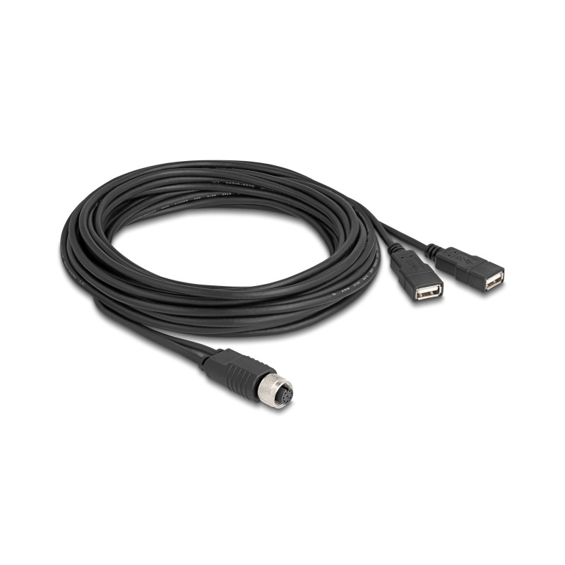 Delock M12 Kabel A-kodiert 8 Pin Buchse zu 2 x USB 2.0 Typ-A Buchse 5 m schwarz