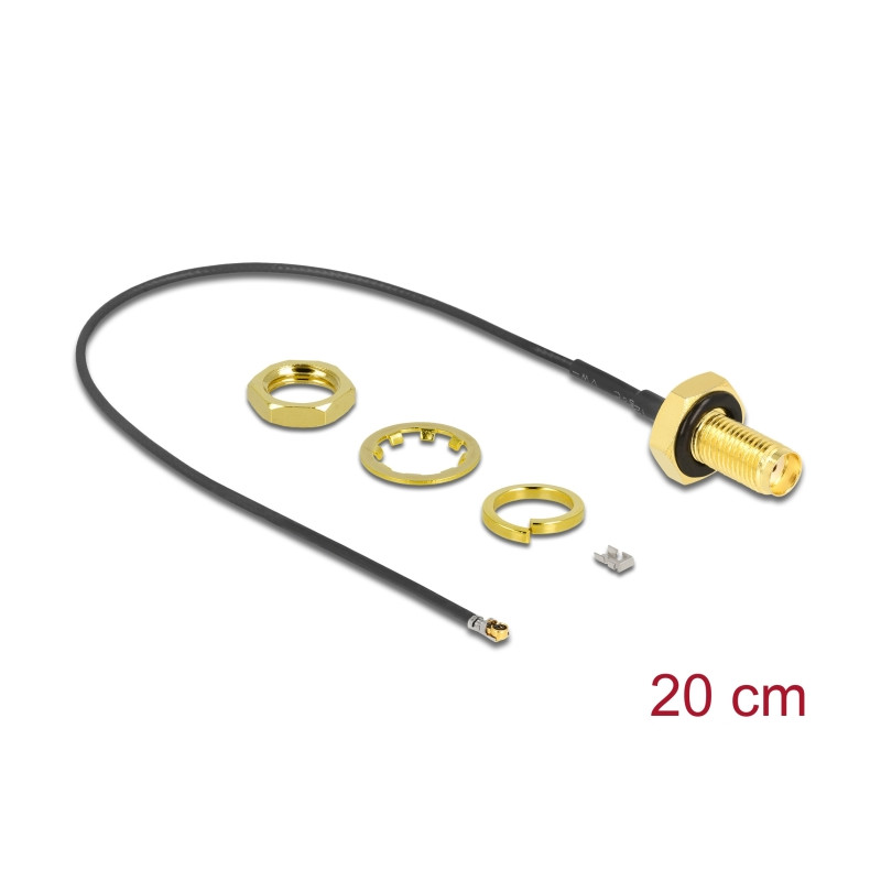 Delock Antennenkabel SMA Buchse zum Einbau zu I-PEX Inc., MHF® 4L LK Stecker 1.37 20 cm Gewindelänge 10 mm spritzwassergeschützt