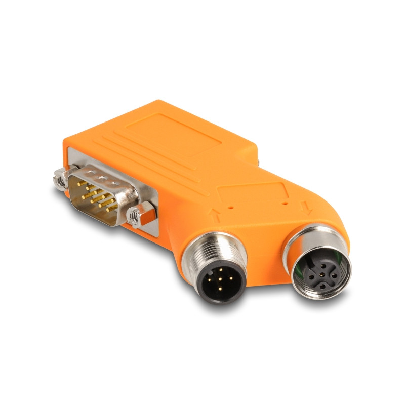 Delock D-Sub 9 Stecker und Buchse zu M12 Stecker und Buchse A-kodiert 5 pin CAN Bus Verteiler 35° orange