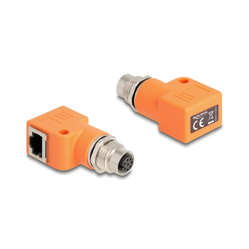 Delock M12 Adapter A-kodiert 8 Pin Buchse zu RJ45 Buchse Cat.5e mit Befestigungsloch 90° gewinkelt orange