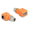 Delock M12 Adapter A-kodiert 8 Pin Buchse zu RJ45 Buchse Cat.5e mit Befestigungsloch 90° gewinkelt orange