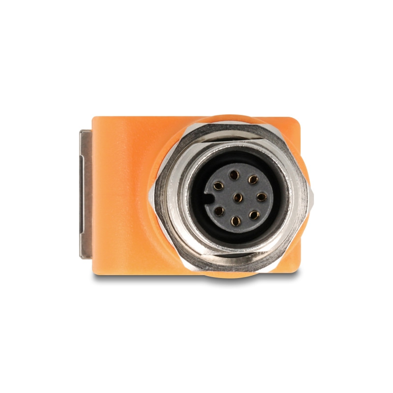 Delock M12 Adapter A-kodiert 8 Pin Buchse zu RJ45 Buchse Cat.5e mit Befestigungsloch 90° gewinkelt orange