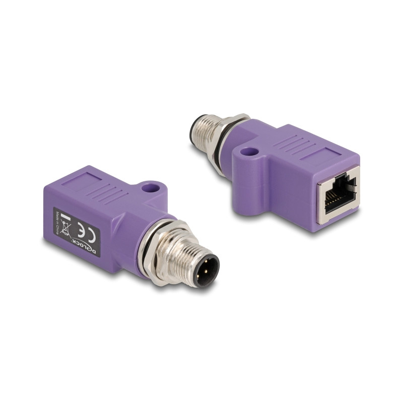 Delock M12 Adapter D-kodiert 4 Pin Stecker zu RJ45 Buchse Cat.5e mit Befestigungsloch gerade violett