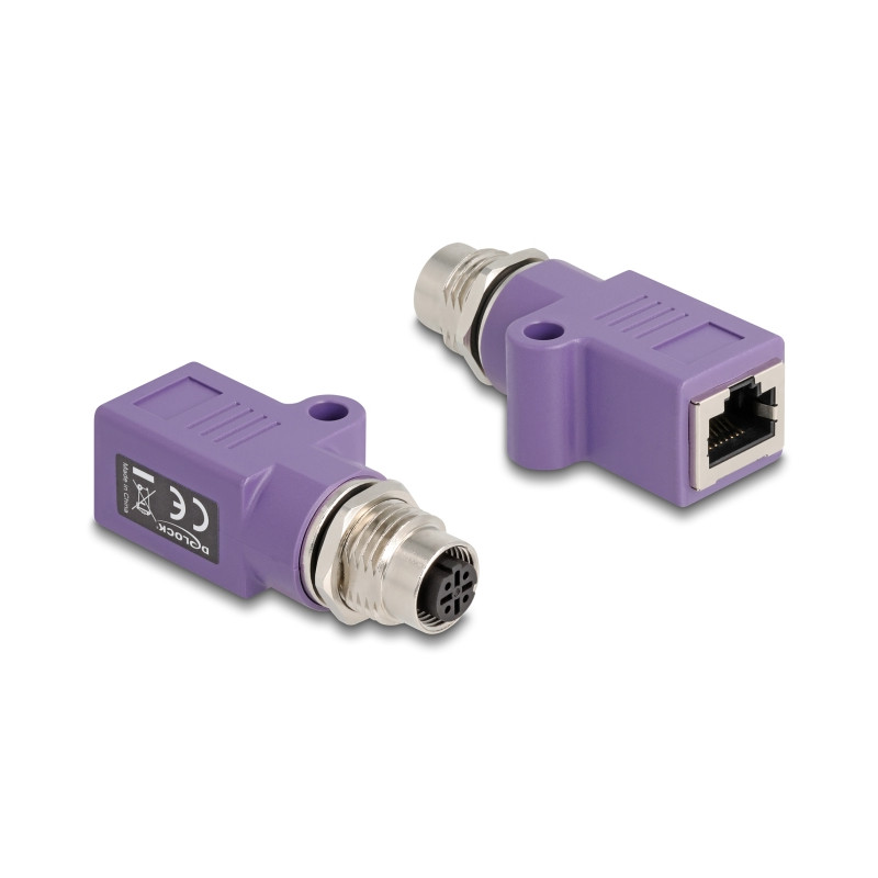 Delock M12 Adapter D-kodiert 4 Pin Buchse zu RJ45 Buchse Cat.5e mit Befestigungsloch gerade violett