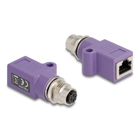 Delock M12 Adapter D-kodiert 4 Pin Buchse zu RJ45 Buchse Cat.5e mit Befestigungsloch gerade violett