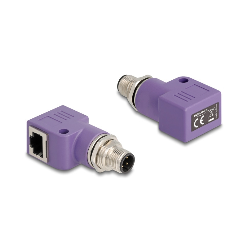Delock M12 Adapter D-kodiert 4 Pin Stecker zu RJ45 Buchse Cat.5e mit Befestigungsloch 90° gewinkelt violett