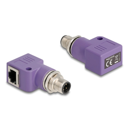 Delock M12 Adapter D-kodiert 4 Pin Stecker zu RJ45 Buchse Cat.5e mit Befestigungsloch 90° gewinkelt violett