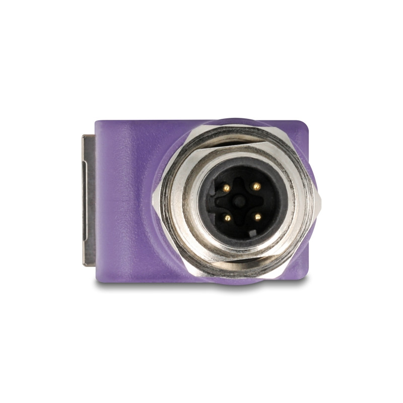 Delock M12 Adapter D-kodiert 4 Pin Stecker zu RJ45 Buchse Cat.5e mit Befestigungsloch 90° gewinkelt violett