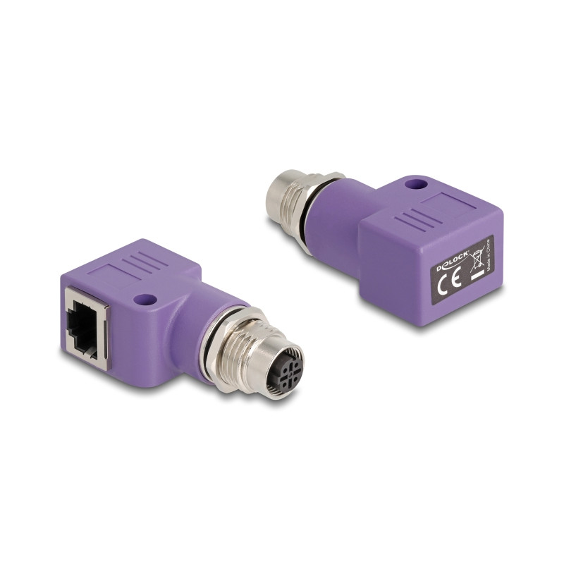 Delock M12 Adapter D-kodiert 4 Pin Buchse zu RJ45 Buchse Cat.5e mit Befestigungsloch 90° gewinkelt violett
