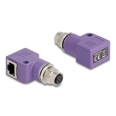 Delock M12 Adapter D-kodiert 4 Pin Buchse zu RJ45 Buchse Cat.5e mit Befestigungsloch 90° gewinkelt violett