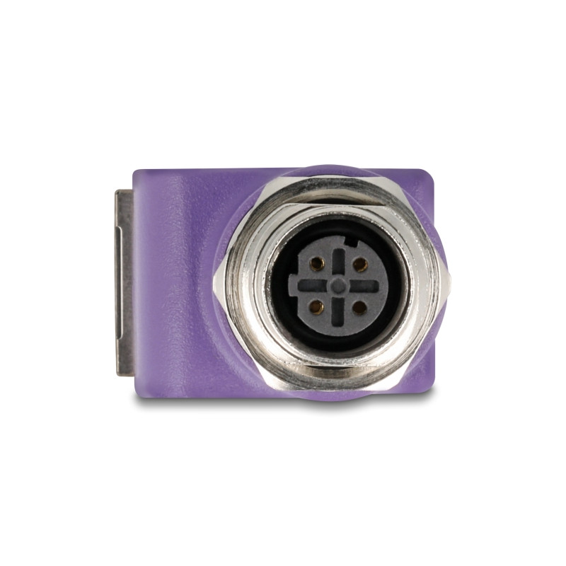 Delock M12 Adapter D-kodiert 4 Pin Buchse zu RJ45 Buchse Cat.5e mit Befestigungsloch 90° gewinkelt violett