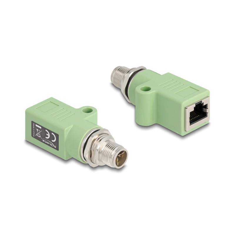 Delock M12 Adapter X-kodiert 8 Pin Stecker zu RJ45 Buchse Cat.5e mit Befestigungsloch gerade grün