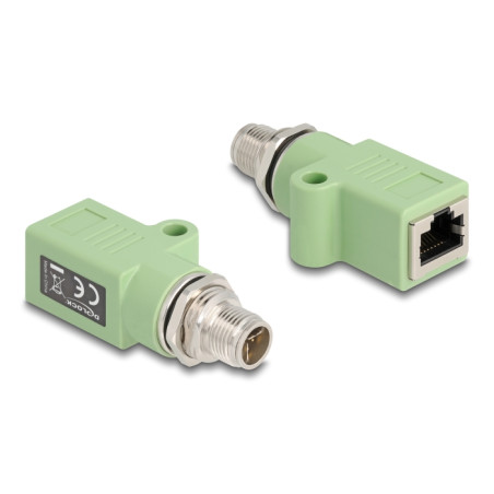 Delock M12 Adapter X-kodiert 8 Pin Stecker zu RJ45 Buchse Cat.5e mit Befestigungsloch gerade grün