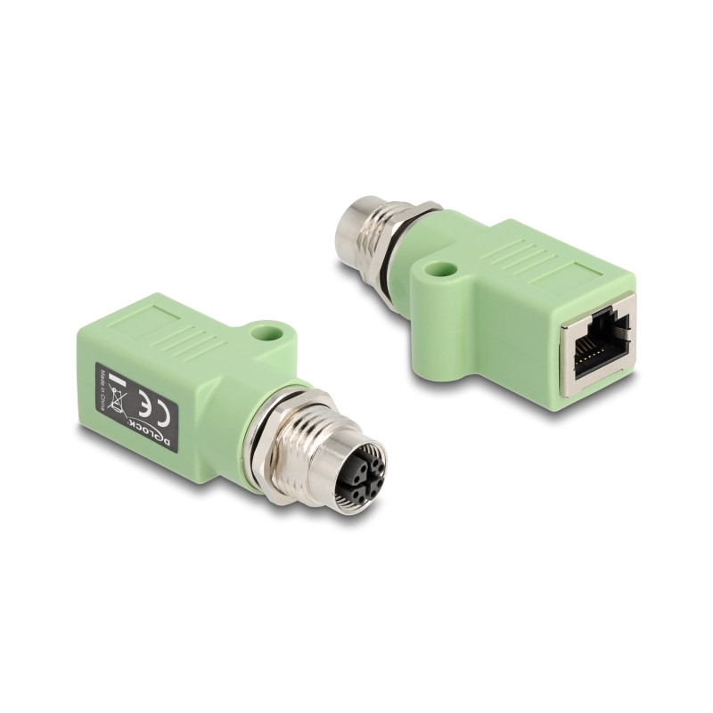 Delock M12 Adapter X-kodiert 8 Pin Buchse zu RJ45 Buchse Cat.5e mit Befestigungsloch gerade grün