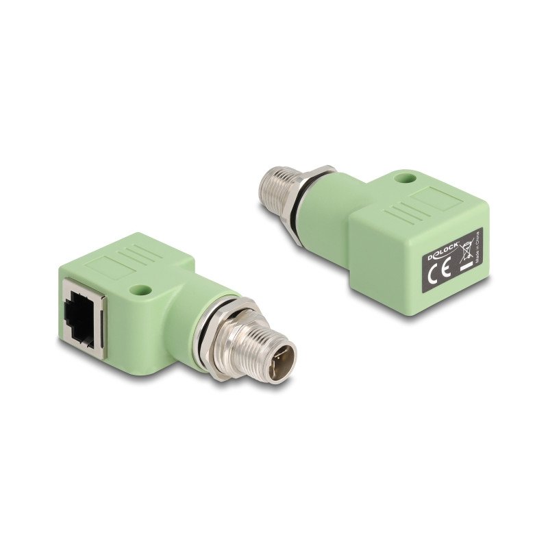 Delock M12 Adapter X-kodiert 8 Pin Stecker zu RJ45 Buchse Cat.5e mit Befestigungsloch 90° gewinkelt grün