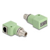Delock M12 Adapter X-kodiert 8 Pin Stecker zu RJ45 Buchse Cat.5e mit Befestigungsloch 90° gewinkelt grün