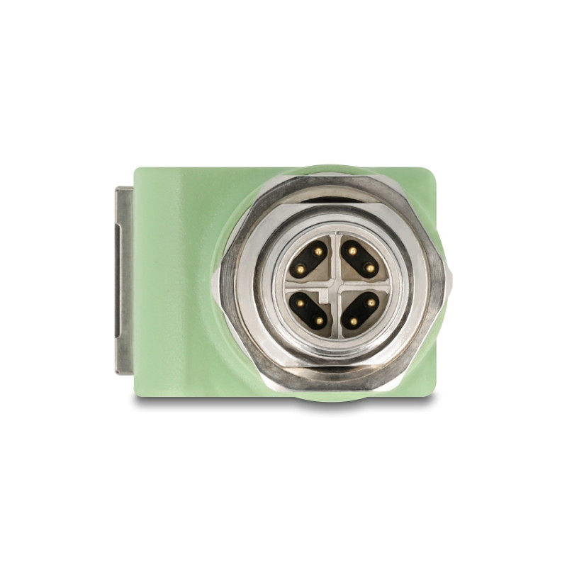 Delock M12 Adapter X-kodiert 8 Pin Stecker zu RJ45 Buchse Cat.5e mit Befestigungsloch 90° gewinkelt grün