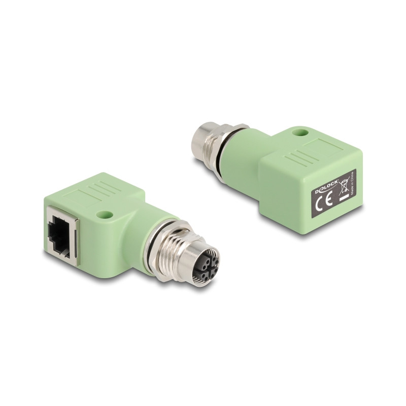 Delock M12 Adapter X-kodiert 8 Pin Buchse zu RJ45 Buchse Cat.5e mit Befestigungsloch 90° gewinkelt grün