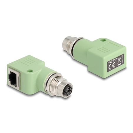 Delock M12 Adapter X-kodiert 8 Pin Buchse zu RJ45 Buchse Cat.5e mit Befestigungsloch 90° gewinkelt grün