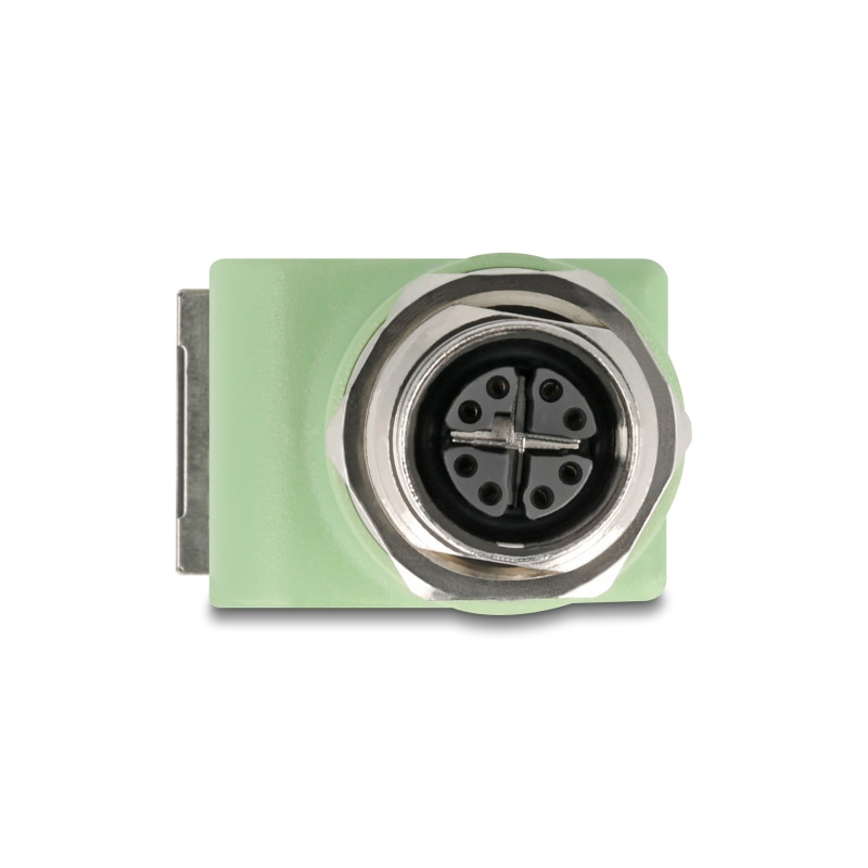 Delock M12 Adapter X-kodiert 8 Pin Buchse zu RJ45 Buchse Cat.5e mit Befestigungsloch 90° gewinkelt grün