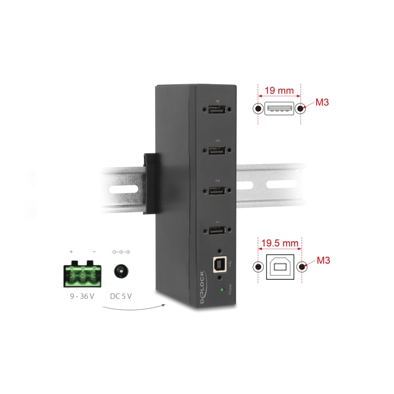 Delock Industrie Hub 4 x USB 2.0 Typ-A mit 15 kV ESD Schutz und Hutschienenbefestigung