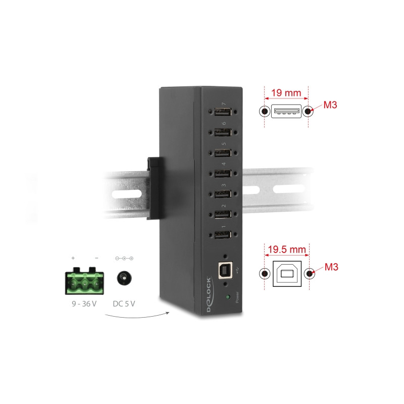 Delock Industrie Hub 7 x USB 2.0 Typ-A mit 15 kV ESD Schutz und Hutschienenbefestigung