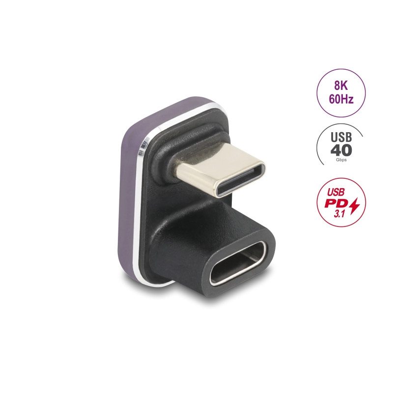 Delock USB-C™ Adapter 180° gewinkelt 40 Gbps PD 3.1 240 W Stecker zu Buchse U-Form 8K 60 Hz Metall